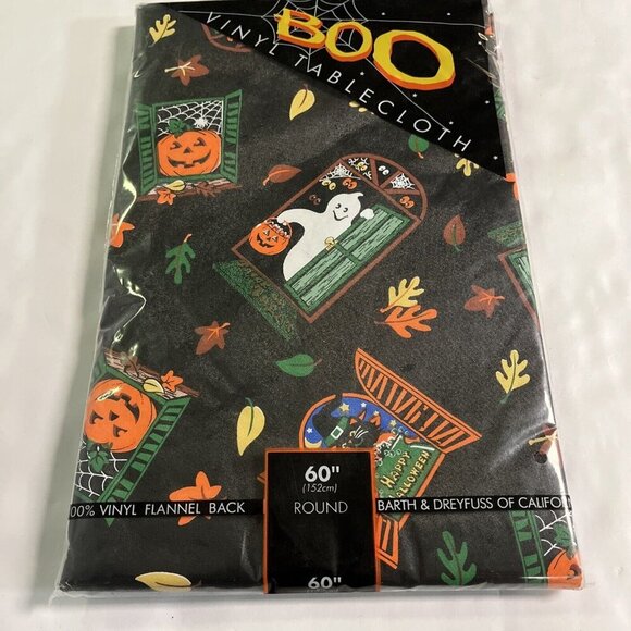 Halloween Boo Vinyl Tablecloth Round 152cm Black Ghost Pumpkin Leaves Cats Party - Picture 2 of 7